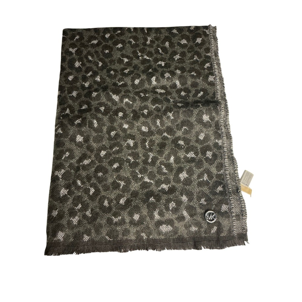 Michael Kors Animal Print Scarf Gray Zebra Leopard Fringe MK Logo